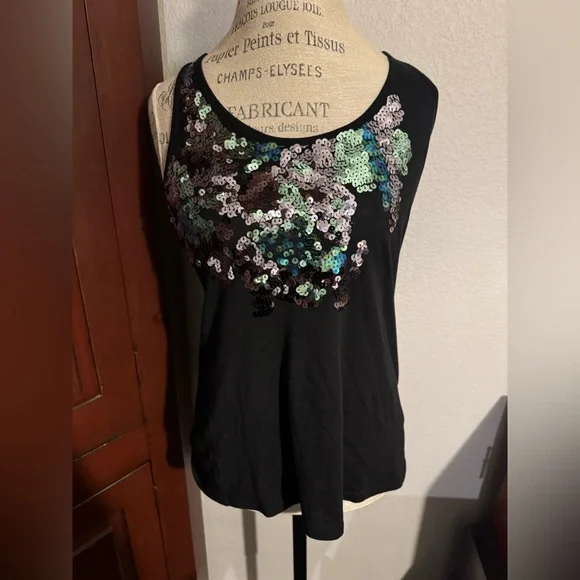 Express Small Black Green Silver Sequin Tank Top - Picture 12 of 14